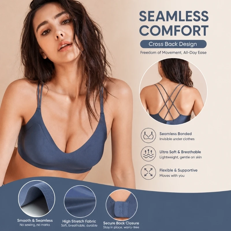 Factory Women's Wireless Seamless Bralette V Neck Padded Bra Sexy Criss Cross Back Soft Stretch Sports Yoga Bra For Daily Wear