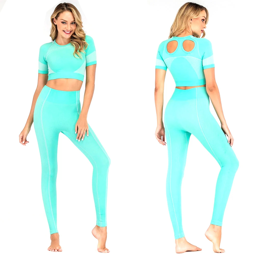 Women's Yoga Set Solid Color High Waist Seamed Leggings With Side Stripe 2-Piece Crop Top And Full Length Pants Crew Neck Shirt