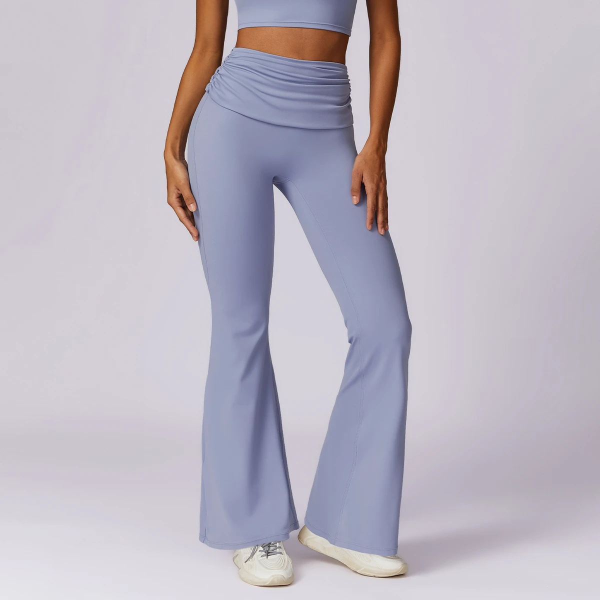 Lanyu High Waist Fold Over Ruched Wide Leg Yoga Pants Tummy Control Flare Leggings Jazz Dress Baseball Casual Workout Pants