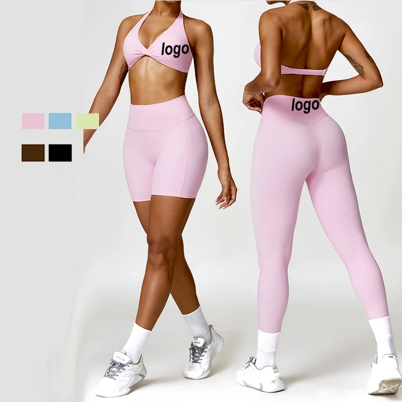 Women's Quick-Drying Fitness Sports Suit Winter Tight-Fitting Back Yoga Set with Shorts for Outdoor Running pink Yoga Set