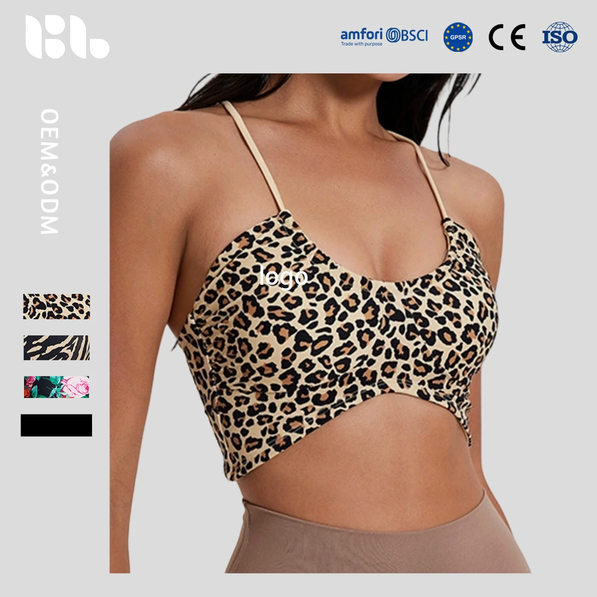 Leopard Print High Support Sports Bra | Spaghetti Strap Fixed Cup | Breathable Four-Way Stretch Workout Top with Custom Logo