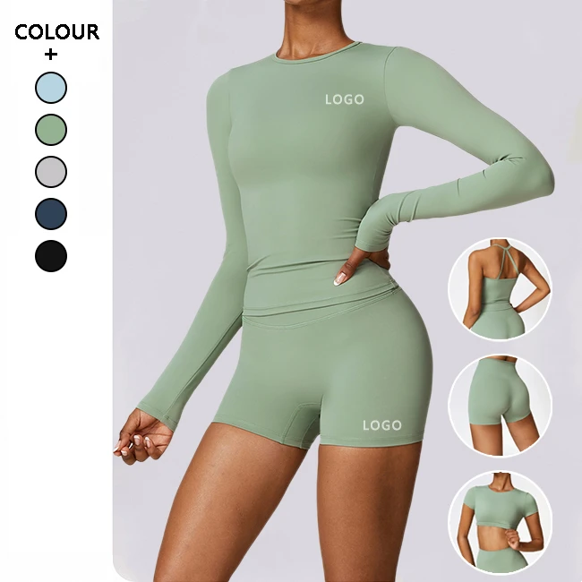 2 Piece Gym Suit Crop Tops Clothes Sportswear Long Sleeve Sports Bra Fitness Shorts Leggings Tracksuits Yoga Set Womens Clothing