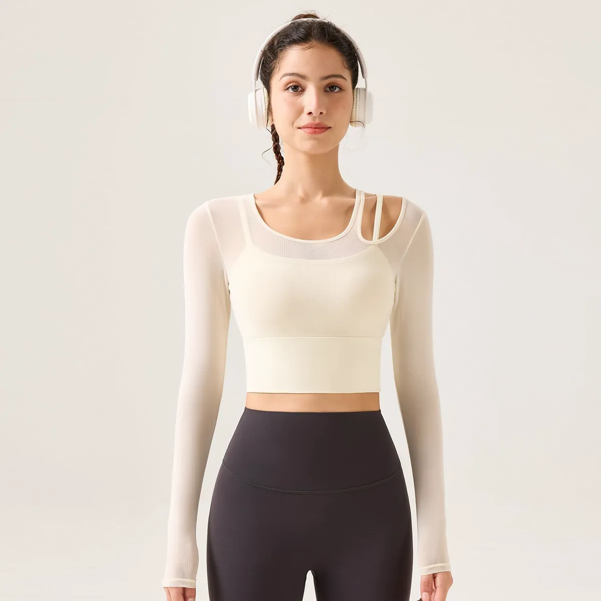 Autumn Winter Women Sexy Gauze Yoga Wear 2-in-1 Long Sleeve Quick Dry Fitness Top with Breathable Chest Pad Sports Bra