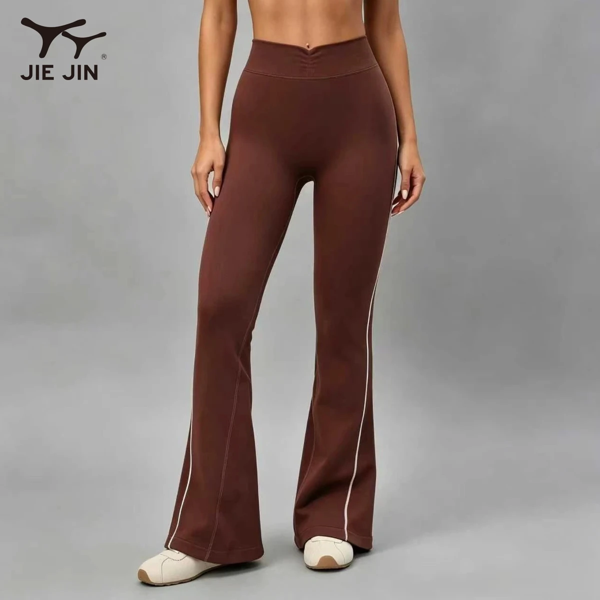 JIEJIN High Quality High Waist Tummy Control V Back Elastic Waist Flared Yoga Leggings for Gym and Fitness