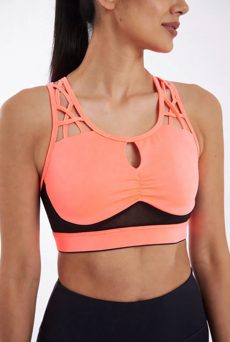Women's High Support Lightweight Yoga Sports Bra with Crisscross Straps Front Logo Removable Pads & Mesh Decoration