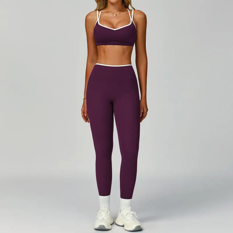 Yoke New 2 Pieces Set Backless Cross White Line Sport Bra Tight Tummy Control Leggings Women Clothing Yoga Set