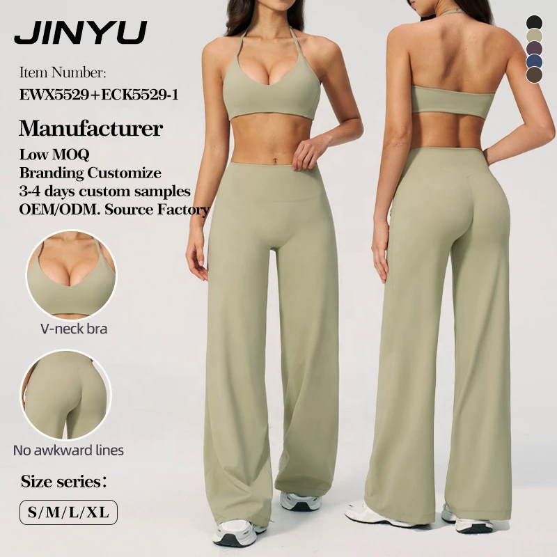 JINYU Women's Yoga Set Halter Sports Bra & Wide-Leg Pants Tummy Control Butt Lifter Activewear Sports Suit OEM/ODM
