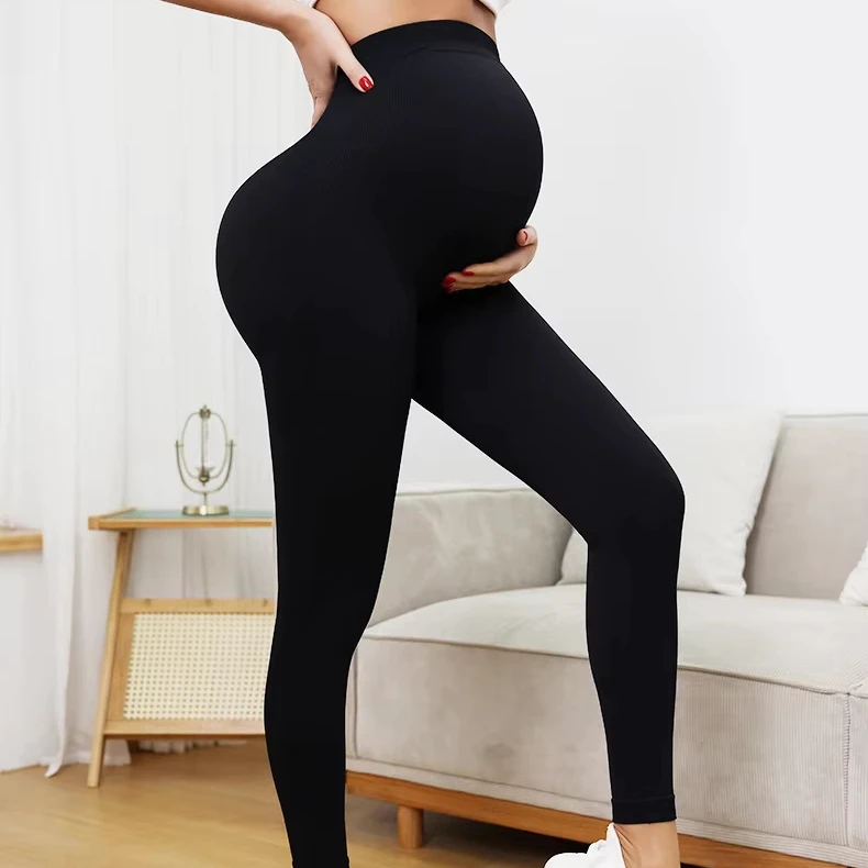 High Waist Seamless Knit Sports Yoga Maternity Pants Moisture Wicking and Breathable Solid Elastic Closure Yoga Pants