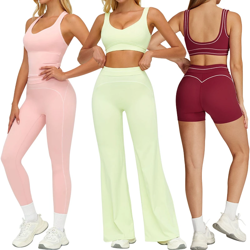 TZ7028 Contrast White Line Yoga Bra with Chest Padding High Waist Shorts 2 Pieces Yoga Sets Wide Leg Pant Sports Wear
