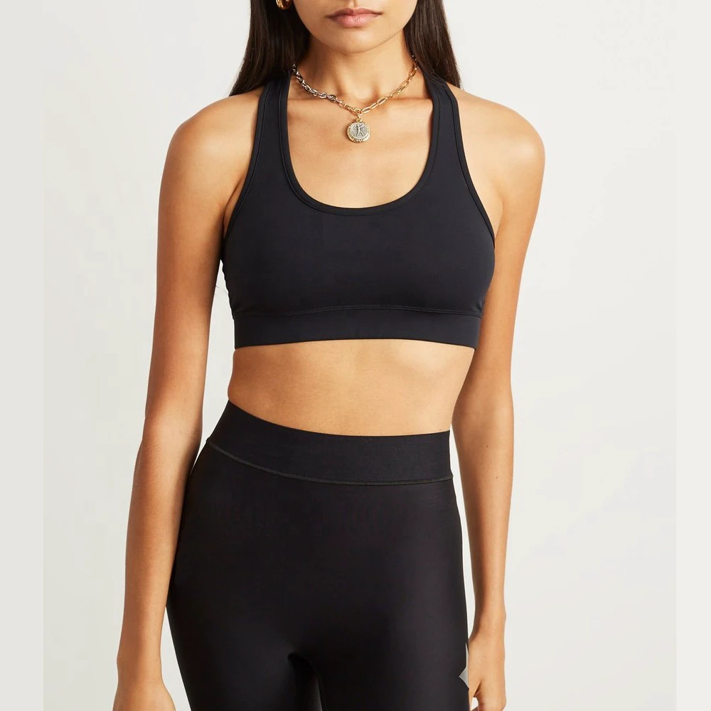 Women's Solid Design Custom Made Backless Racerback Sports Bra 100% Nylon Crystal Padded Mid Front Medium Support for Yoga