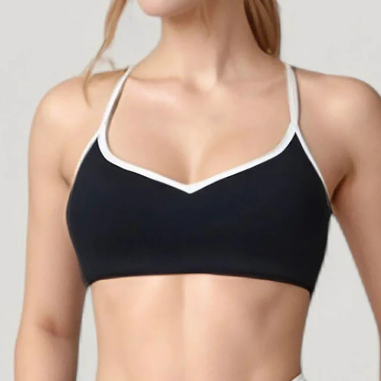 OEM Custom Manufacturers Breathable Color Block V Neckline Thin Adjustable Straps Y-Back Contrast Trim Sports Bra for Women