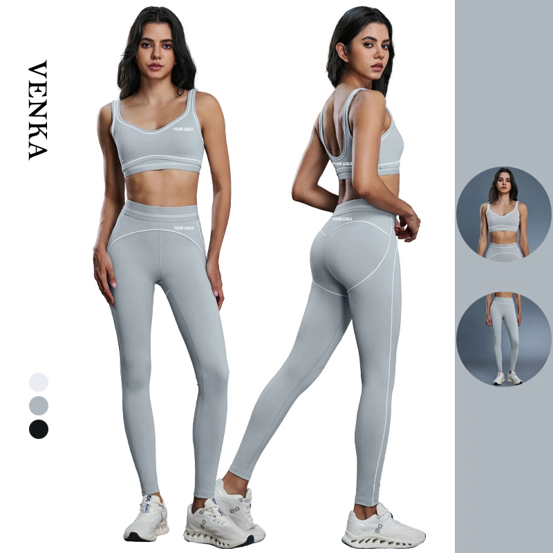 Women's Contrast Color Active Suit Beautiful Back Sports Bra Crop Top and High Waist Hip Lift Leggings Ladies Fitness Yoga Set
