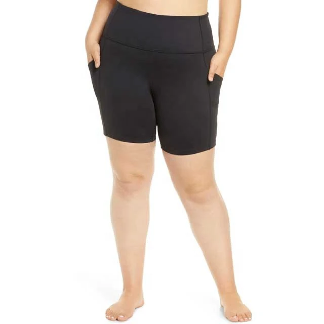 Women's High Waist Yoga Shorts Pockets Wholesale Custom Logo Fitness Booty Solid Pattern Polyester Spandex Four-Way Stretch