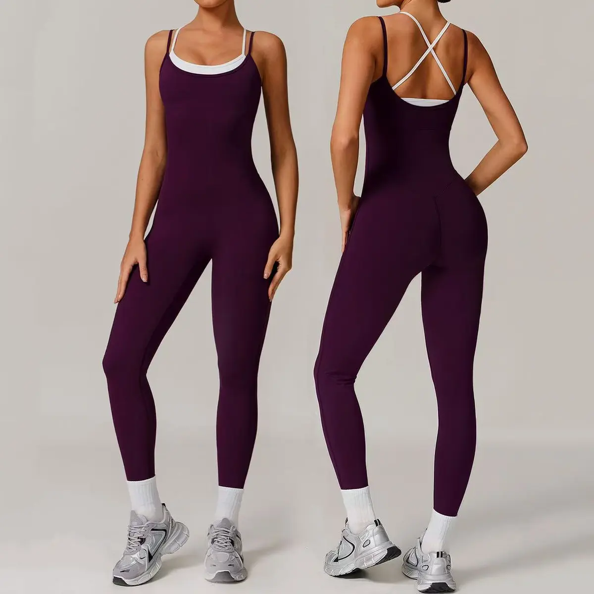 YanRuo Two-Piece Sports Bodysuit Jumpsuit Backless Yoga Suit for Outdoor Fitness Contrasting Colors Quick Dry Four-Way Stretch