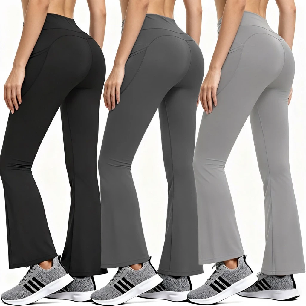 Women's High Waist Bootcut Yoga Leggings with Side Pockets Butt Lifting 100% Nylon Sweat-Wicking Four-Way Stretch Tummy Control