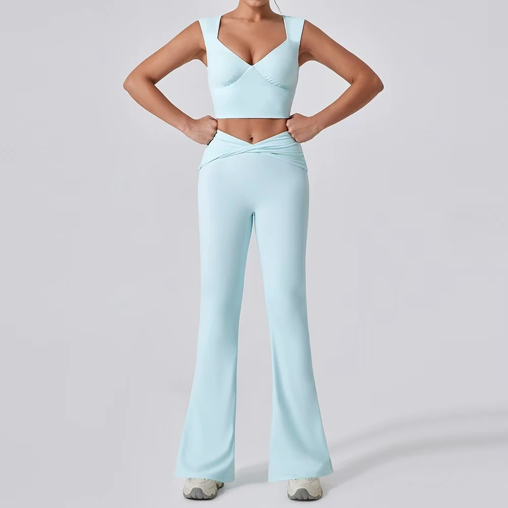 Custom Logo Lady Flare Pants High Waist Wide Leg Yoga Set Breathable Sports Suit