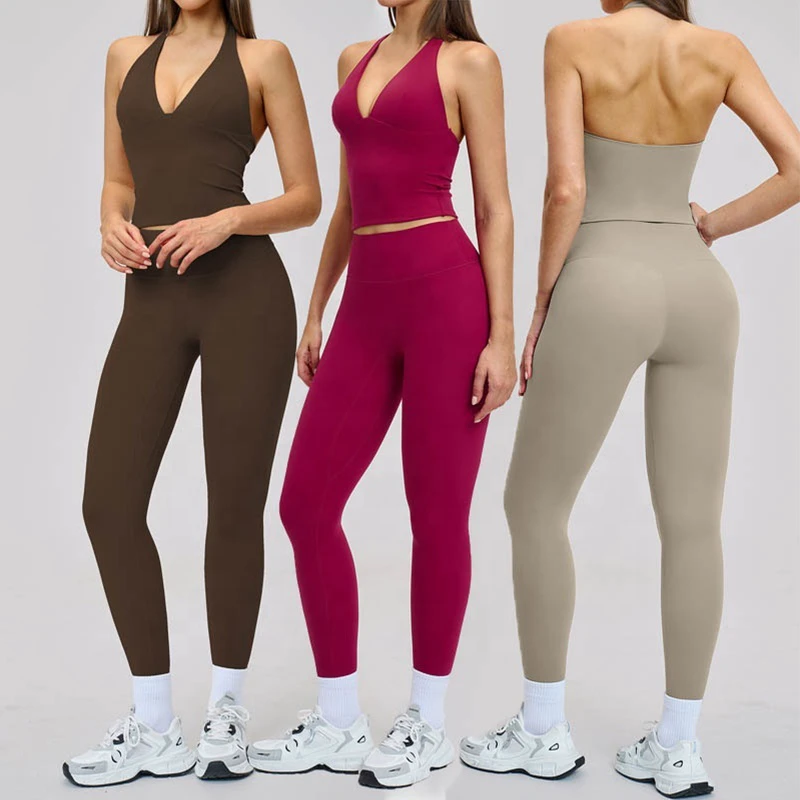 FANCO 2Pcs Women's Backless Workout Sets 2 Piece Yoga Outfits High Waisted Yoga Leggings and Sports Bra Gym Clothes Tracksuit