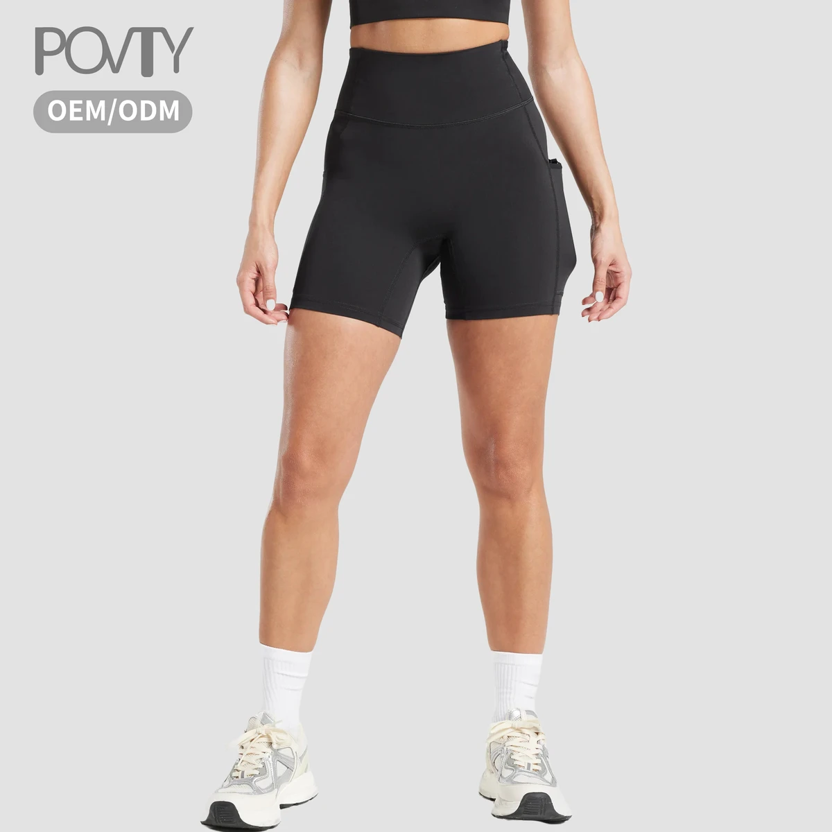POVTY OEM Custom Logo Women's High Waist Sports Shorts Tummy Control Spandex Athletic Workout Running Yoga Shorts with Pocket