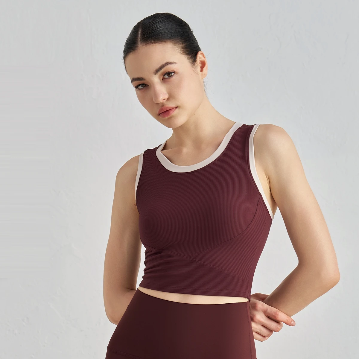 Solid Color Ribbed Round Neck Hollow Out Women Gym Yoga Vest Tank Top Fitness Sport Bra