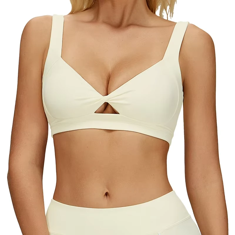 Women Seamless Deep V-Neck Sports Bra With Cut-Out Design Spaghetti Strap Medium Support Yoga Workout Wear Solid Color