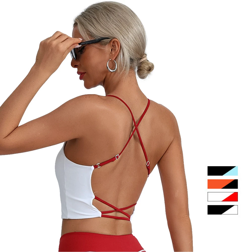 Women's Fashion Contrast Color Adjustable Strap Crisscross Open Back Cropped Breathable High Support Sports Bra Yoga Fitness