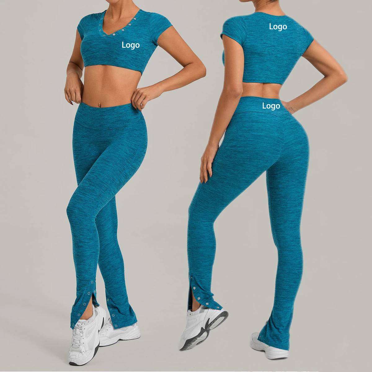 Logo Custom 2 Piece Short Sleeve Crop Tops and High Waist Leggings Sportswear High Stretch Fitness Yoga Pilates Outfit Yoga Set