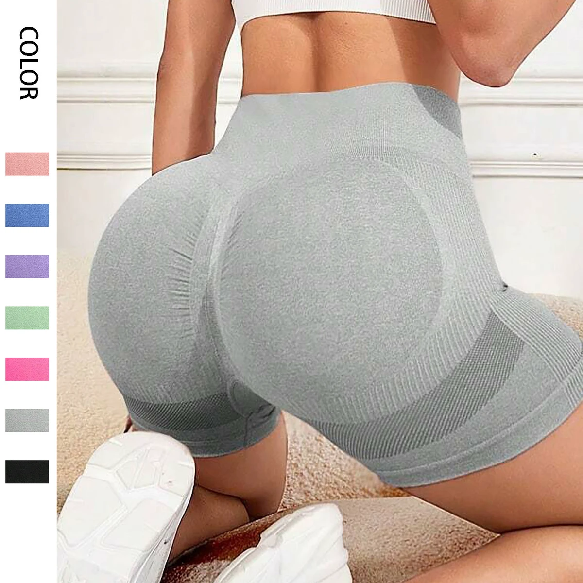 Women's New Arrival High Waist Hip Yoga Shorts Seamless Three-Point Fitness Sports Shorts Peach Hip Tight Elastic Solid