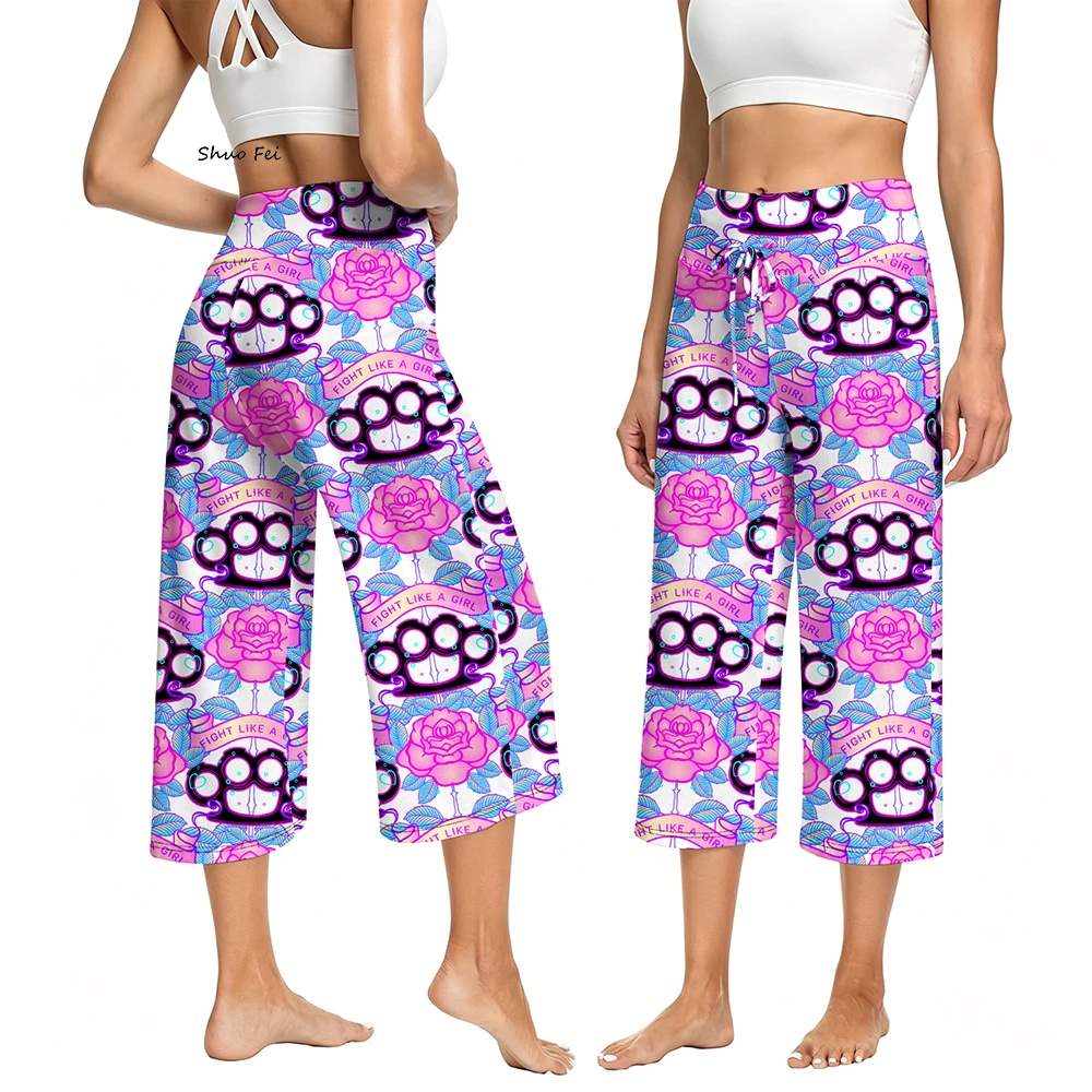 Women Fight Like a Girl Print Crop Pants High Waisted Yoga Capri Legging With Drawstring Rose Pattern Wide Leg Workout Wear