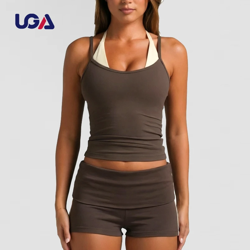 Eco-Friendly Summer Color Block Strap Top Matching High Waist Shorts Front Casual Active Wear Two Piece Women Yoga Outfit Set