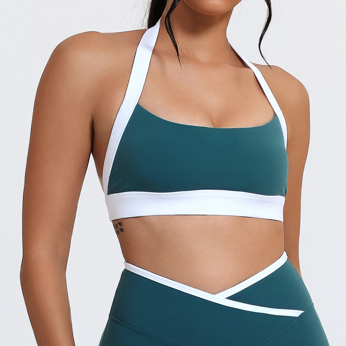 Contrast Color Sports Bra Halter High Support Sexy Back Halter Activewear Fitness Yoga Gym Sports Bra