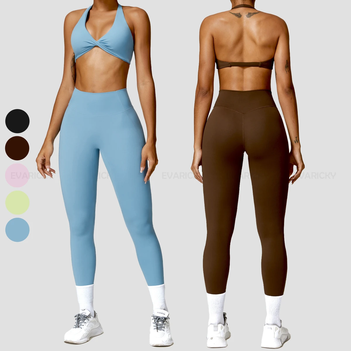 Custom High Waist Leggings Yoga Fitness Wear Workout Set Front Twist Design Gym Sports Bra Woman Clothing Sets Two Piece Outfits