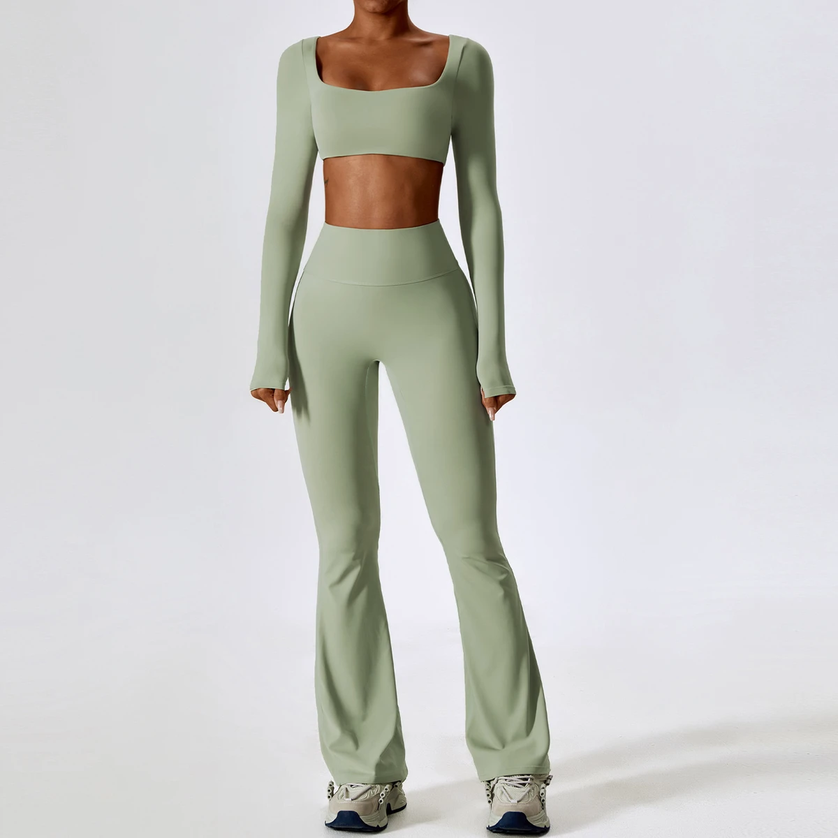 Women's 2 Piece Yoga Set Long Sleeve Square Neck Crop Top & High Waist Flare Leggings Stretchy Workout Outfit for Gym Fitness
