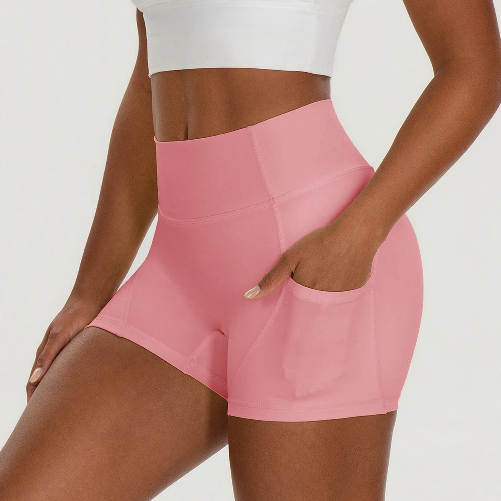 High Waist Solid Yoga Shorts for Women with Pockets Butt Lifting Four-Way Stretch Summer Workout Training