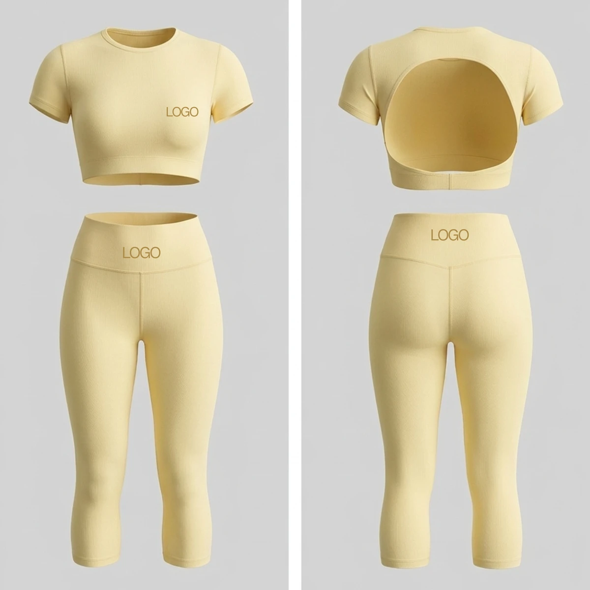 2026 Custom Logo Ribbed Set Women 2 Piece Outfits Short Sleeve Backless Crop Top High Waist Capri Leggings OEM Activewear Set