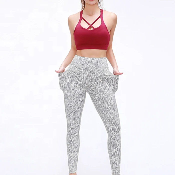 Women's High Waist Yoga Leggings Full Length Print Seamless Pants With Pockets Textured Elastic Waist Activewear