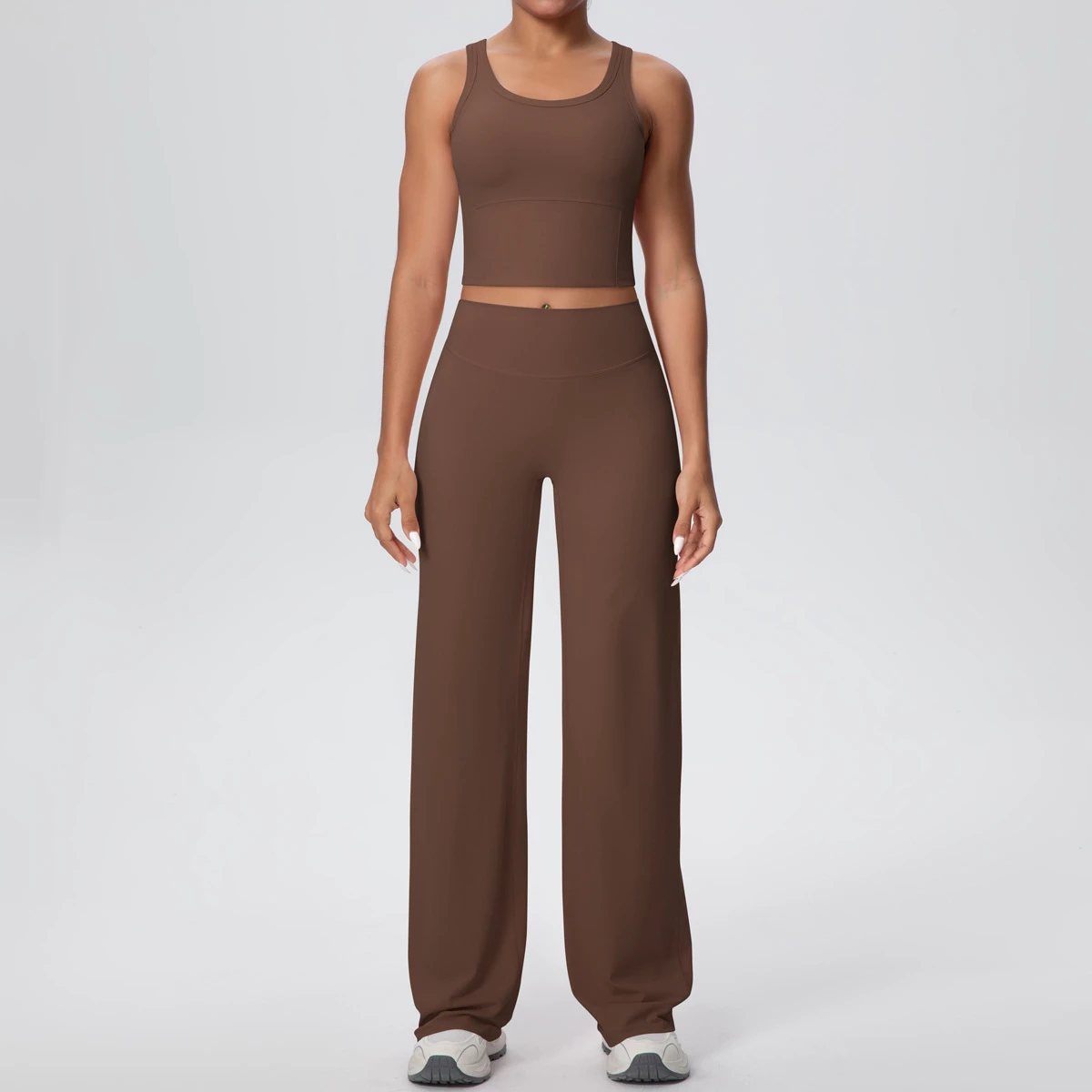 Women's Solid Color Double-Brushed Yoga Set - U-Neck Long Sleeve Top & Wide-Leg Pants Breathable Outfit for Running Fitness