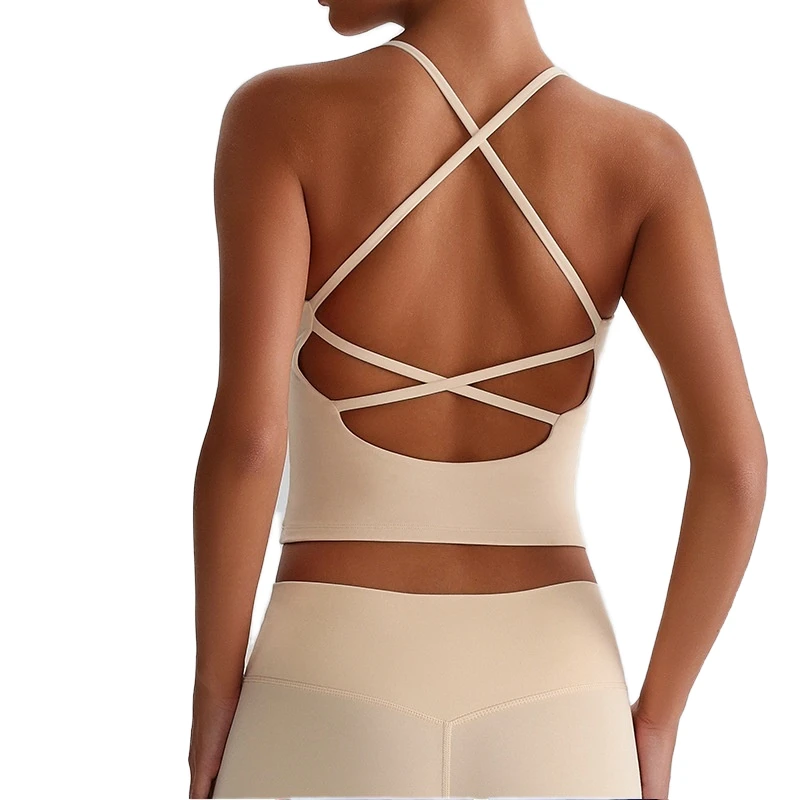 Women's Nude High Support 100% Nylon Breathable Yoga Bra Sexy Cross Back Detachable Pads Solid Pattern Wrinkle-Resistant Fitness