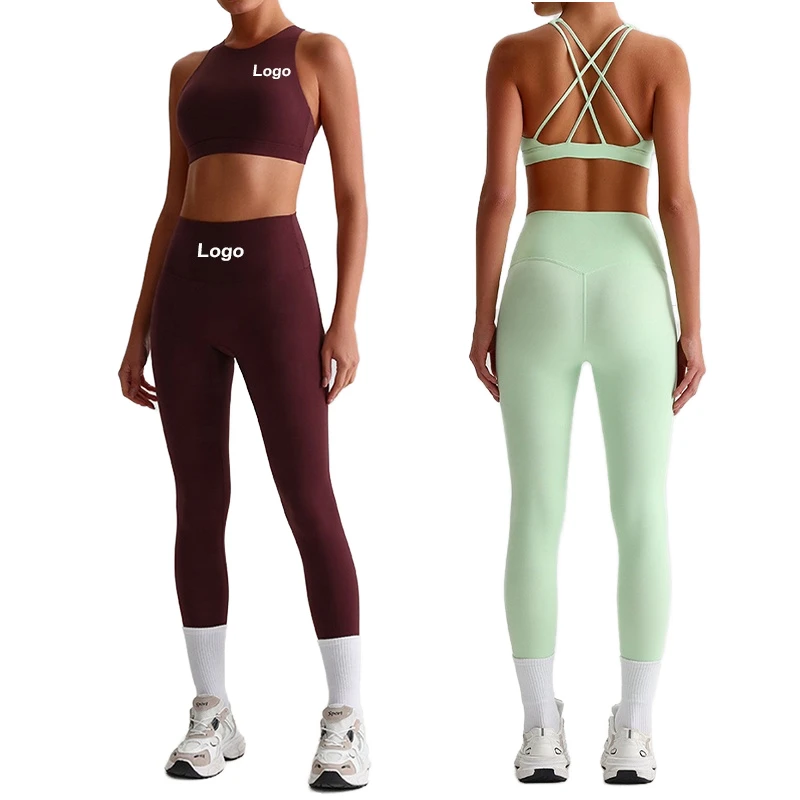 Ready To Ship Custom Logo Sexy Back Straps Bra Match V Cut Leggings Set Suit Sports Fitness Gym Wear Women Yoga Sets