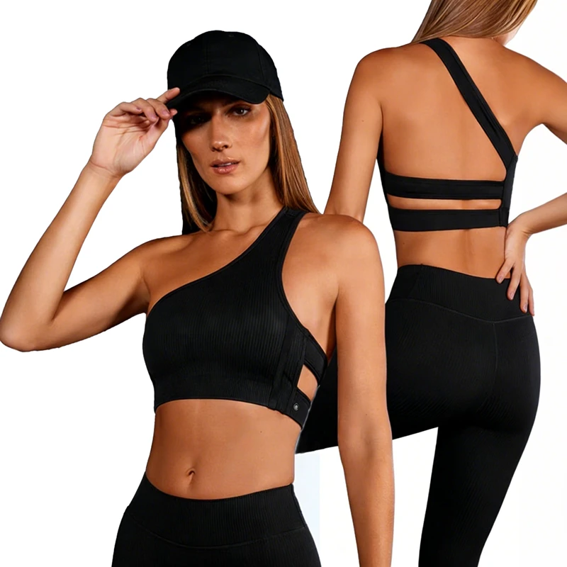 Women's One Shoulder Ribbed Sports Bra Double Strap Back Cutout Side Adjustable Clasp Stretchy Breathable Material Yoga Bra
