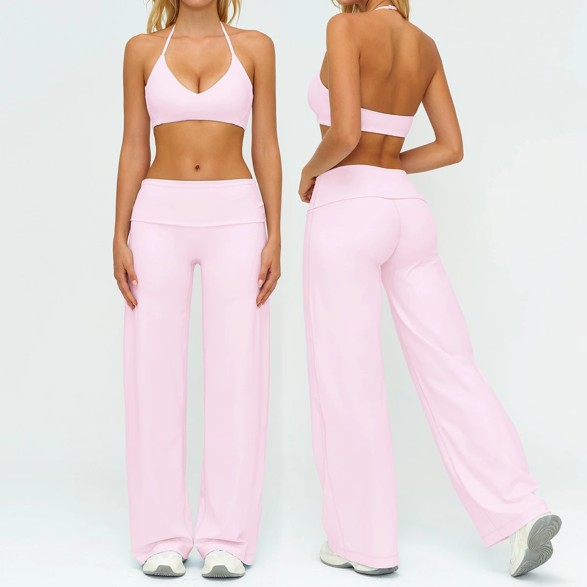 Women Workout Suit Backless Sports Bra Tummy Control Wide Leg Pants Elastic 2 Piece Yoga Set Breathable Women Fitness Clothes