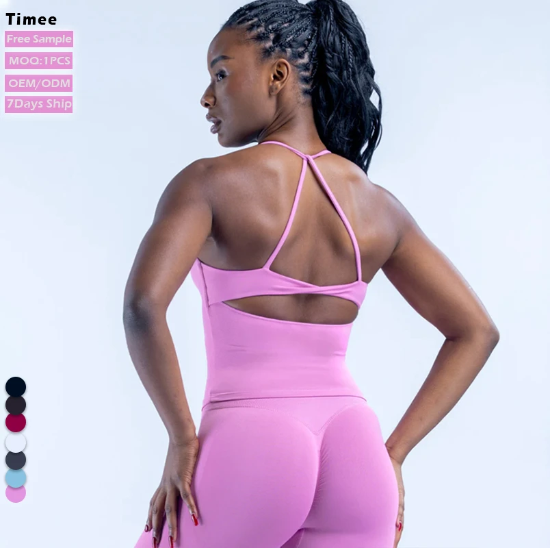 New Fashion Sports Bra Halter Neck Twist Cut Out Back Quick Dry 4 Way Stretch High Waist Tummy Control Women Yoga Tank Top