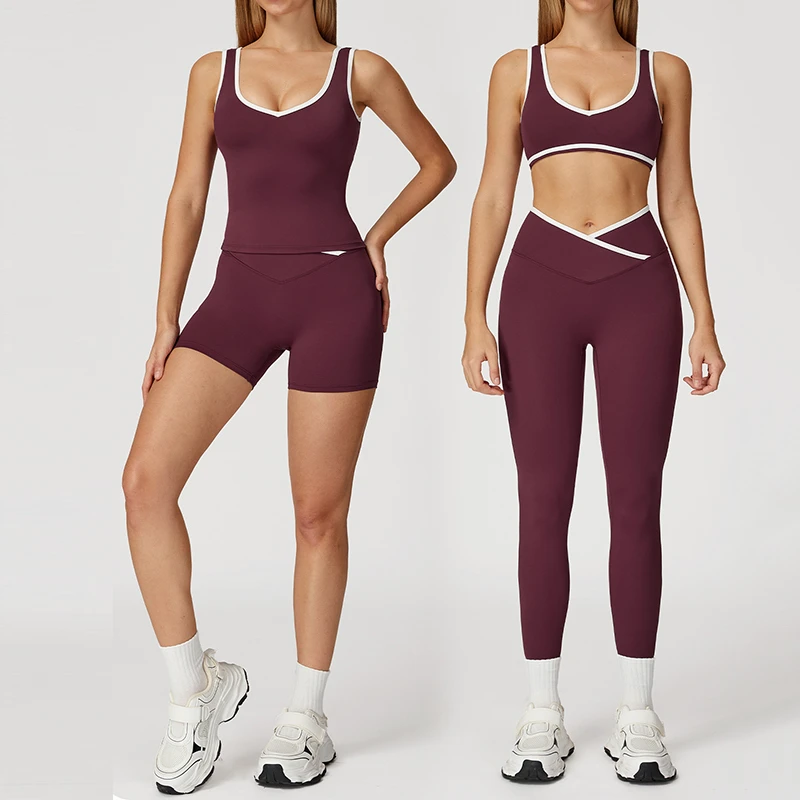Hot Sale Women's Sports Yoga Bell-Bottom Pants Set Spliced Color Yoga Bra Vest High-Waisted Cross Leggings Shorts 2 Piece Set