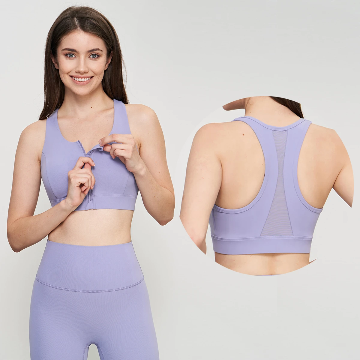 Fitness Mesh Racer Back Fixed Cups Workout Women Medium Impact Yoga Front Zipper Sports Bra