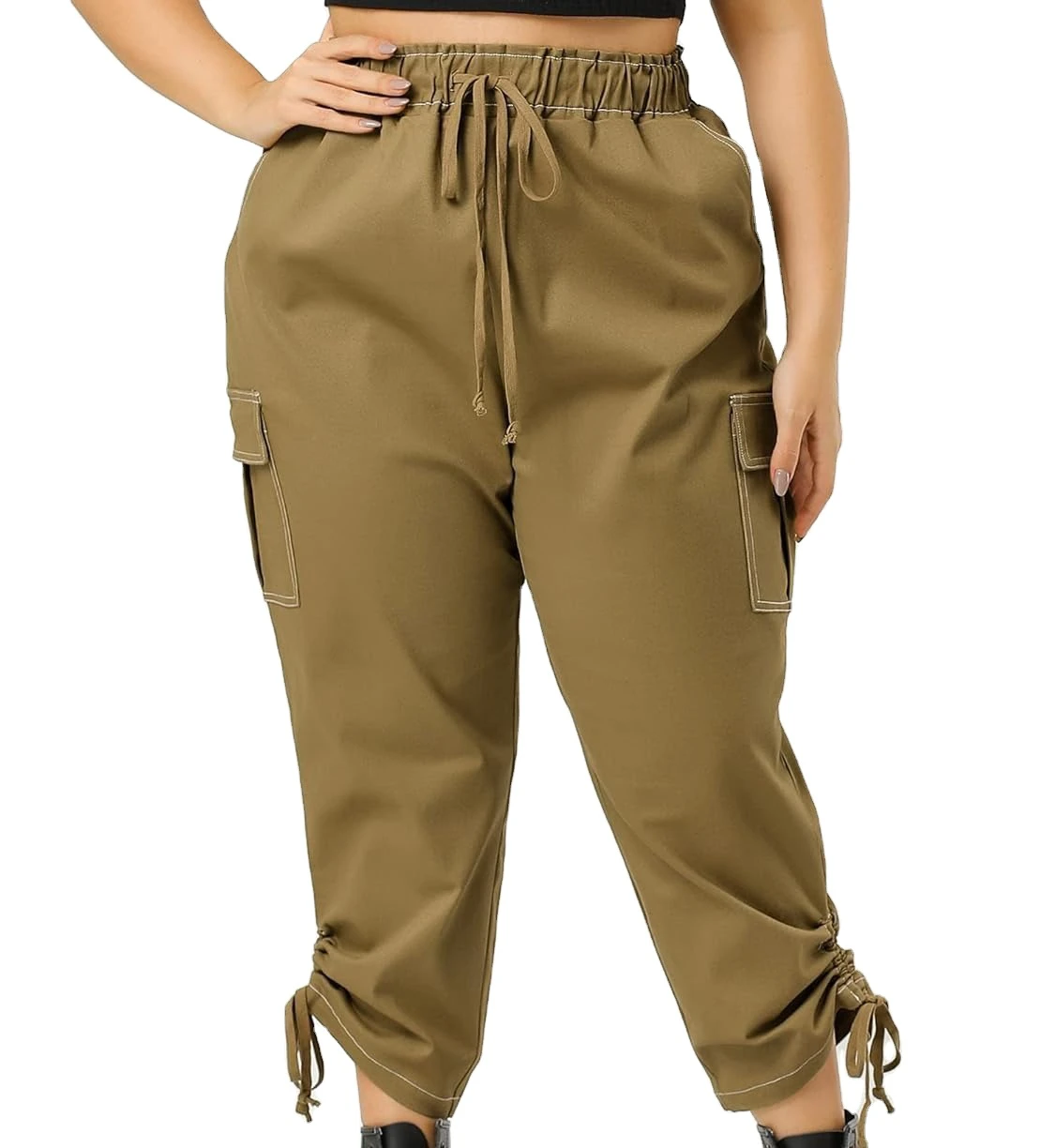 Women's Plus Size Breathable Quick Dry Eco-Friendly Casual Cargo Pants Elastic Mid Drawstring Flat Front Summer