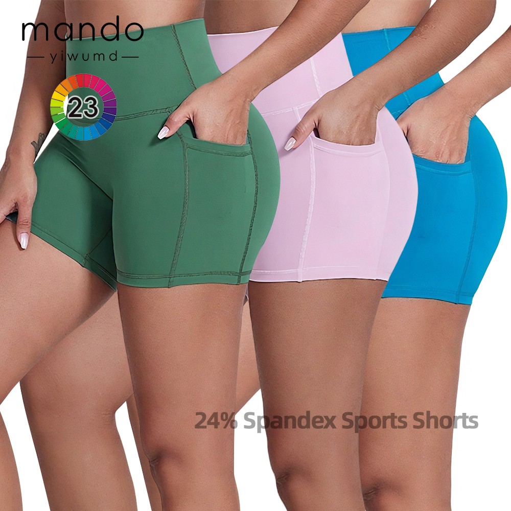 Custom Logo High Quality Nylon 23% Spandex Sports Shorts With Pockets Women's High Waist Gym Pilates Yoga Shorts