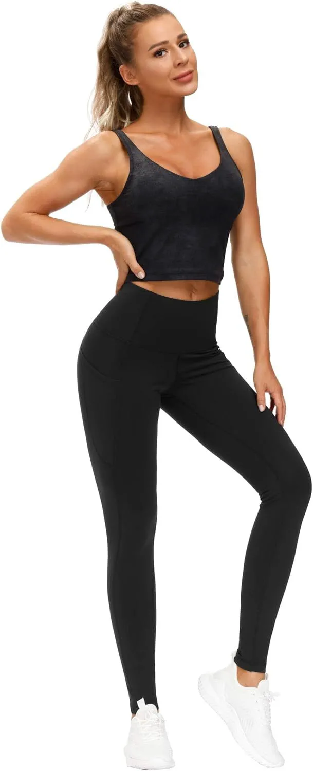GYM PEOPLE Elastic Waist Solid Mid Waist Full Length Seamless Yoga Pants Pockets Tummy Control Workout Running Leggings Women