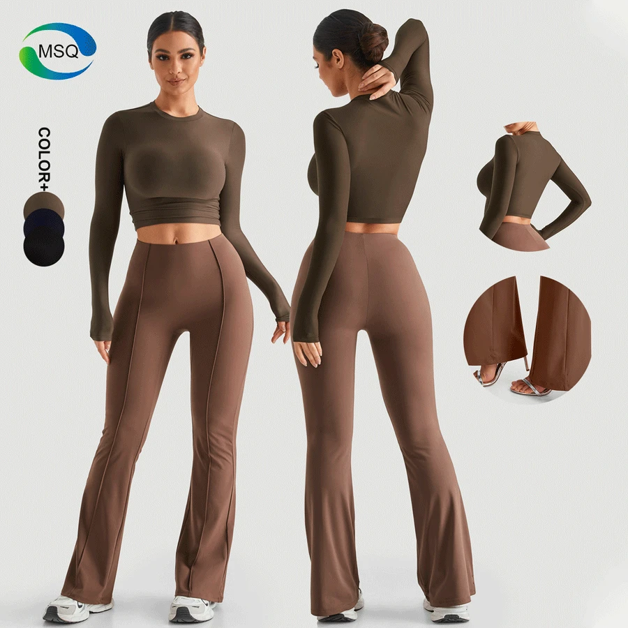 Female Gym Clothing Athletic Wear Seamless Yoga Sport Long Sleeve Crop Top Flared Pant Two Piece Set Workout Outfits Women Sets
