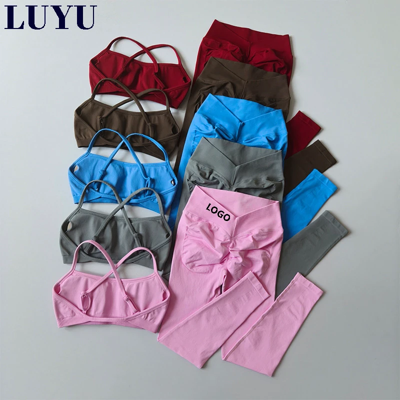 Wholesale Cross Back Adjusted Straps Seamless Sports Yoga Sets Scrunch Ruched Butt Gym Training Pilates Set Fitness Suit