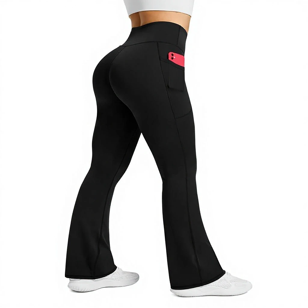 PRETISKY Womens High Waisted Flared Yoga Pants with Pockets Mid-Calf Length Velour Leggings