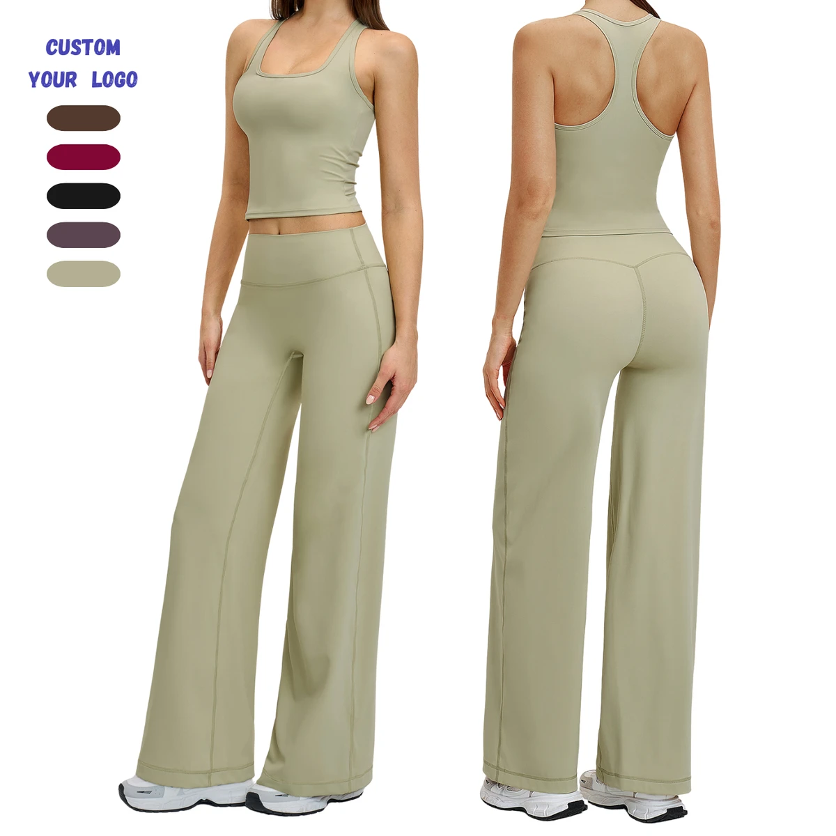 Women Brushed Yoga Set with Square Neck Soft Racerback Slim Tank Top High Waist Flare Pants for Gym Running Outdoor